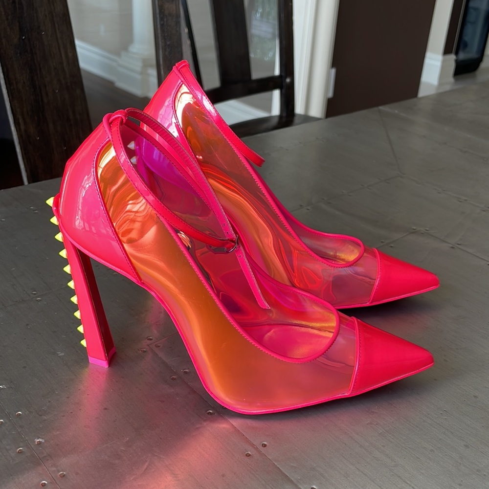Christian Louboutin debout condorapik pink fluo neon yellow spike pump sz 39 - Picture 2 of 14
